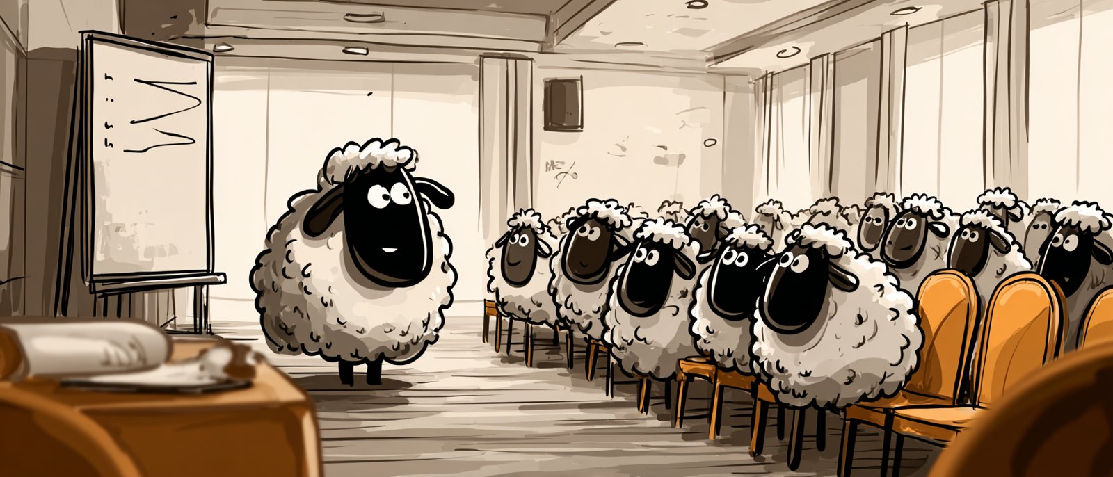 Illustrated sheep seated in a sanctuary