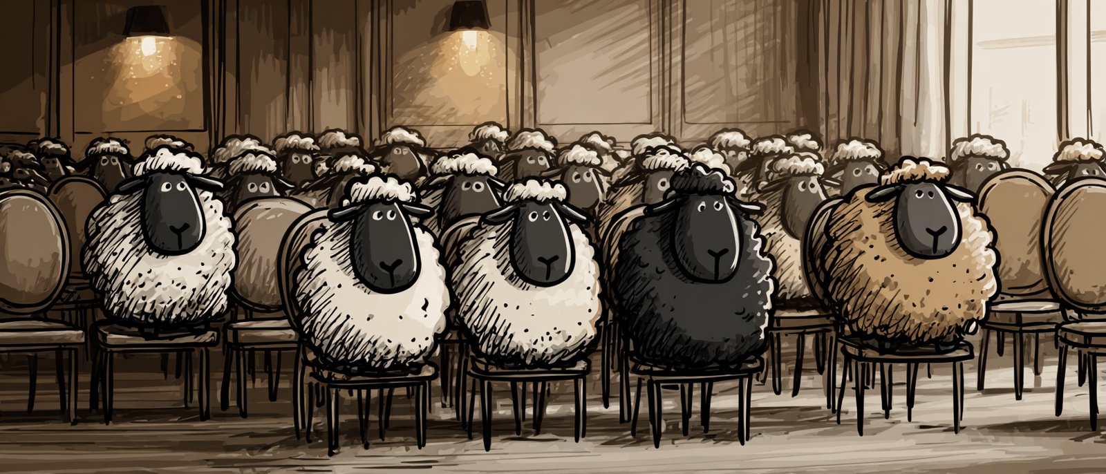 Illustrated sheep seated in a dim sanctuary